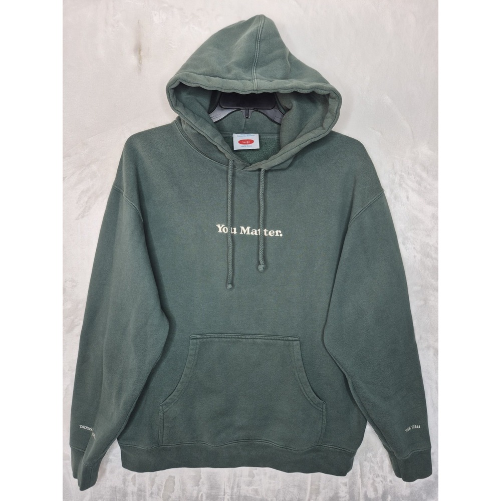 You Matter Faded Green Hoodie Mens Large Embroidered Sleeve Quote Pullover 26x28